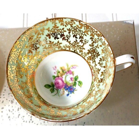 STANLEY ENGLAND QUEEN ANNE TEA CUP TEACUP SAUCER  MINT GREEN ROSE 24K GOLD - Picture 8 of 8
